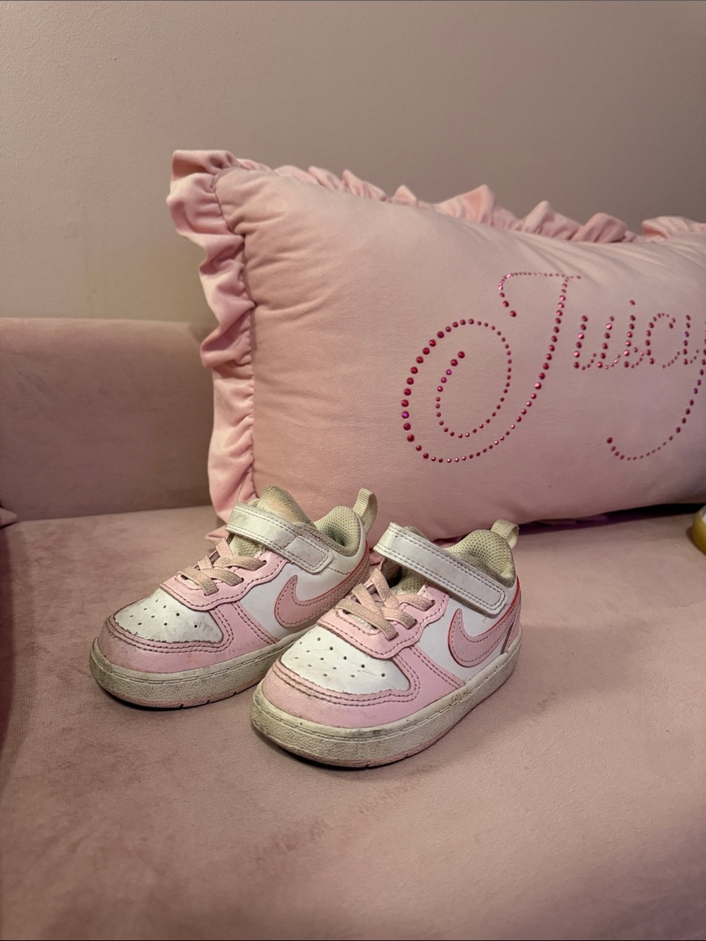 Nike Pink and White Kids Sneakers with Velcro Strap
